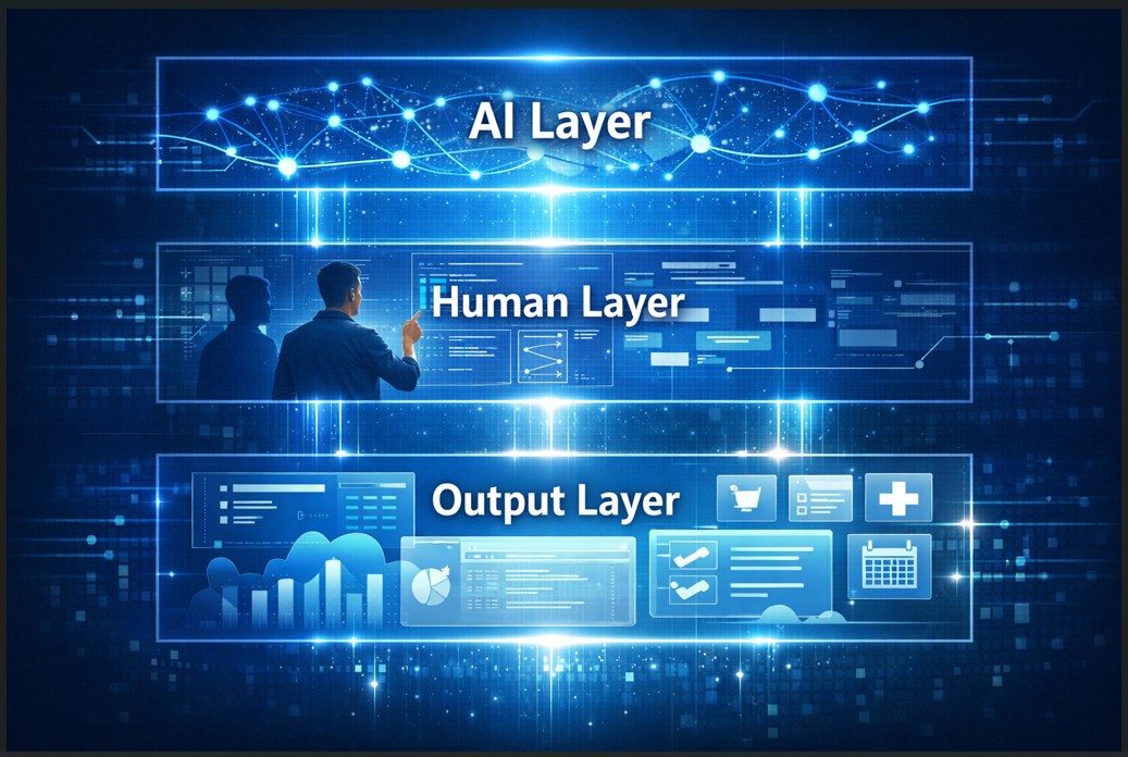 Placeholder diagram of AI layer, human layer, and output layer